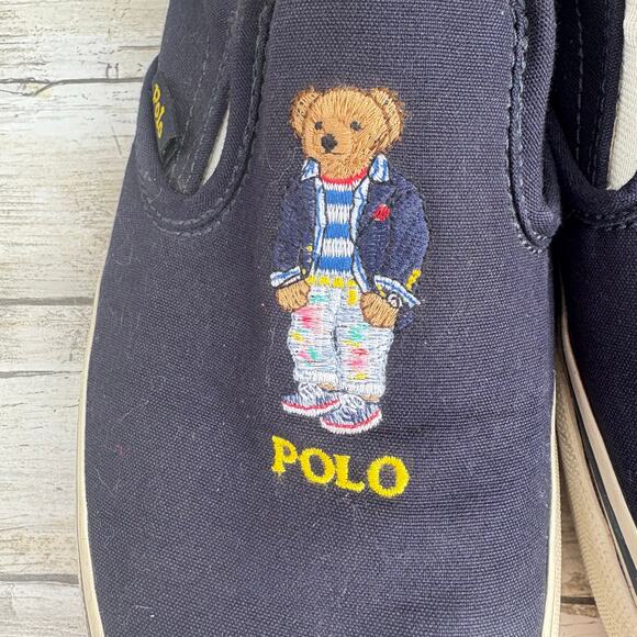 Polo Bear Ralph Lauren Shoes Sz 8 Keaton Slip on Sneakers Navy Blue Cotton Prep - Picture 3 of 12